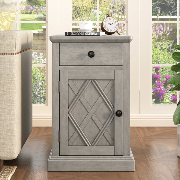English Elm U-can Acacia Wood End Table with Usb Charging Station Drawer and Cabinet Storage Antique Gray N724P353565E