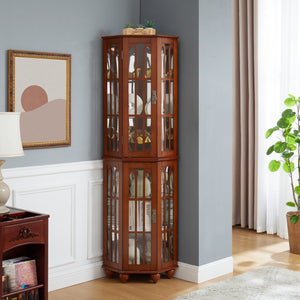 English Elm Corner Curio Cabinet with 6 Shelves, Tempered Glass Display, Built-In Lighting, Mirrored Back Walnut W1693P216949