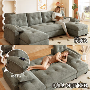 English Elm 104.7" U-Shaped Sleeper Sofa with Pull-Out Bed, Convertible Modular Sectional with Chaise, USB Ports, Chenille Upholstery LIGHT GREY W1885S00212