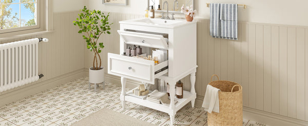 English Elm 24'' Retro Bathroom Vanity Mdf Cabinet with Ceramic Sink Open Shelf and 2 Drawers White N710P405414K