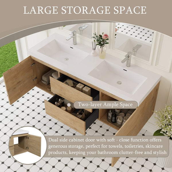 English Elm 60'' Floating Wall Mount Vanity Dual Quartz Basins Smoked Walnut Fluted Cabinet W1920P385497