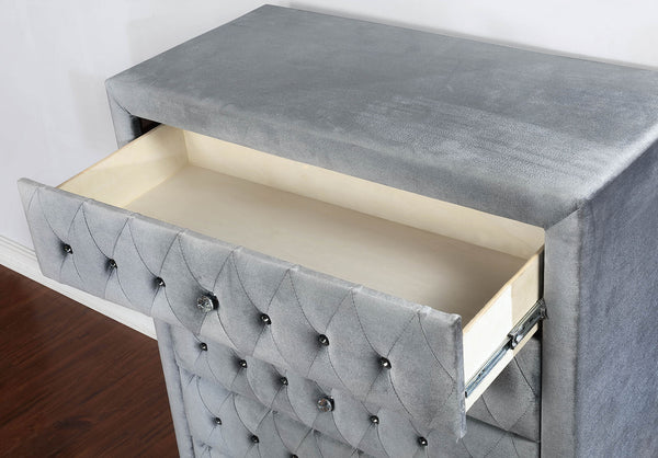 English Elm Glam Upholstered Nightstand with Acrylic Button Tufting Velvet Cabriole Feet Bedroom Gray B2741P435908