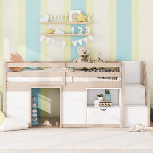 English Elm Solid Pine Twin Low Loft Bed with Stair Drawer Shelf Playhouse Frame for Kids W697S00036