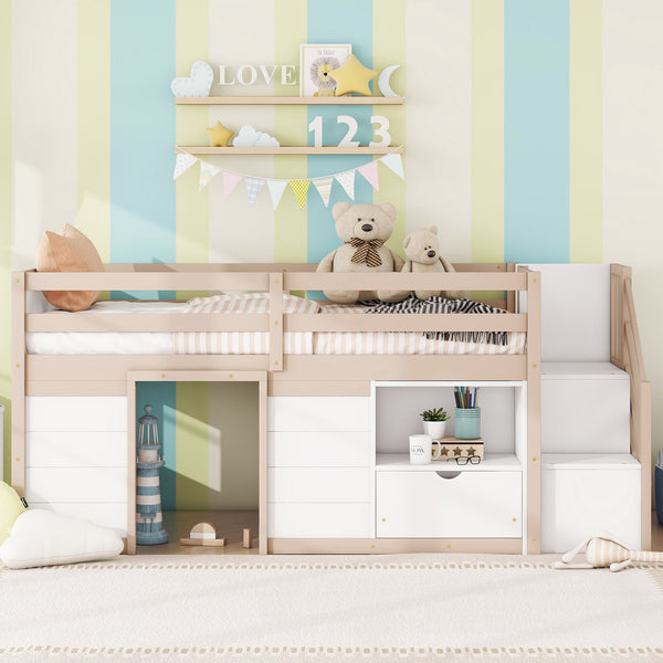 English Elm Solid Pine Twin Low Loft Bed with Stair Drawer Shelf Playhouse Frame for Kids W697S00036