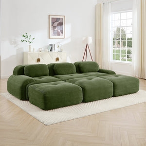 English Elm Three-seat Modular Corduroy Sectional Sofa with Ottomans for Living and Media Rooms Olive Green W714S01260