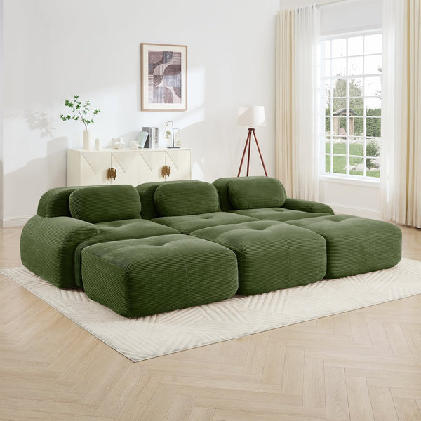 English Elm Three-seat Modular Corduroy Sectional Sofa with Ottomans for Living and Media Rooms Olive Green W714S01260