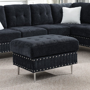 English Elm Sectional L-Shaped Chenille Sofa with Chaise Storage Ottoman, Metal Eucalyptus Frame, 4-Seater Spacious Navy Blue W1413S00118