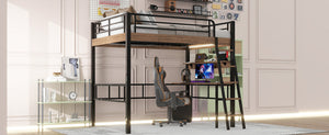 English Elm Metal Full Size Loft Bed with LED Light, Built-In Full-Length Desk, Storage Shelf & Ladder — Space-Saving Industrial Black, Sturdy Metal Frame for Study & Sleep GX001120AAB