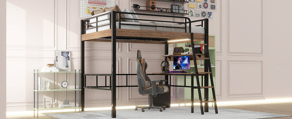 English Elm Metal Full Size Loft Bed with LED Light, Built-In Full-Length Desk, Storage Shelf & Ladder — Space-Saving Industrial Black, Sturdy Metal Frame for Study & Sleep GX001120AAB