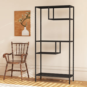 English Elm Modern Cube Storage Shelf with 4 Compartments, Metal Legs Freestanding Organizer for Living Room Home Office Decor and Display — 33W x 13D x 70H T2398P286673