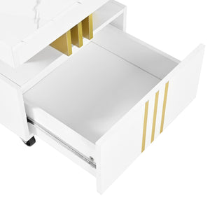 English Elm Faux Marble Rectangular Coffee Table with Gold Bars Drawers and Caster Wheels White WF305961AAK