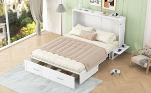 English Elm Queen Mobile Murphy Bed with Drawers & Side Shelves, White Fold-Up Queen Wall Bed for Guests SM000317AAK