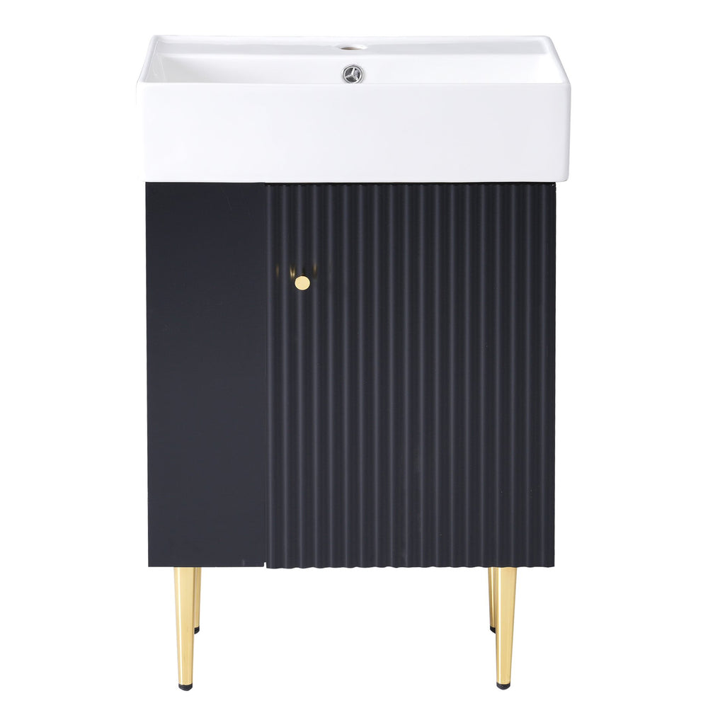 English Elm 21.6" Black Bathroom Vanity with Ceramic Sink, Left Side Storage, Gold Legs, Soft-Close Hinges and Triple-Coat Finish SV000007AAB