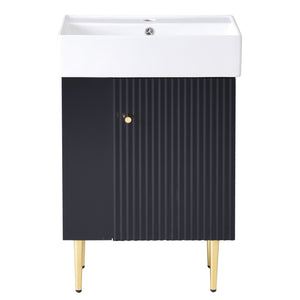 English Elm 21.6" Black Bathroom Vanity with Ceramic Sink, Left Side Storage, Gold Legs, Soft-Close Hinges and Triple-Coat Finish SV000007AAB