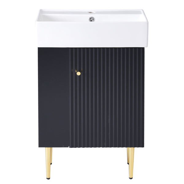English Elm 21.6" Black Bathroom Vanity with Ceramic Sink, Left Side Storage, Gold Legs, Soft-Close Hinges and Triple-Coat Finish SV000007AAB