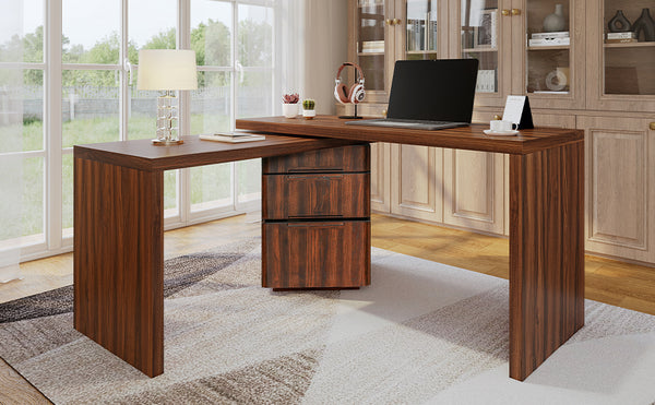 English Elm 90" Rotating L-shape Executive Desk Natural Melamine Mdf Surface Three Drawers Home Office Walnut N751S383638W