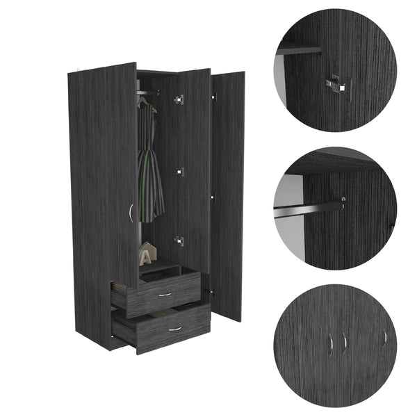 English Elm Austral 3 Door Armoire with Two Drawers, Five Shelves and Hanging Rod — Smokey Oak Finish for Organized Rooms and Bedrooms Smoke Grey 39 L x 22 W x 3 H B200S00360