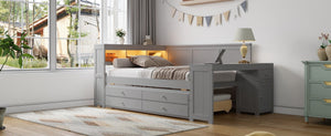 English Elm Full Size Pine Wood Platform Daybed with Led Headboard Desk Storage and Charging Gray N7090000475E-1