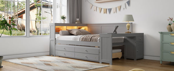 English Elm Full Size Pine Wood Platform Daybed with Led Headboard Desk Storage and Charging Gray N7090000475E-1