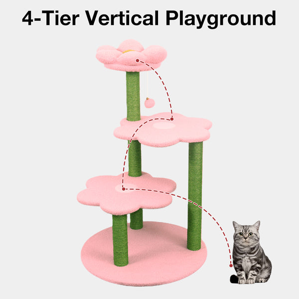 English Elm Cat Tree Daisy Floral Multi Level Climbing Tower with Sisal Posts and Plush Perch Pink W243P451255