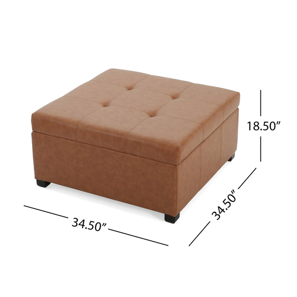 English Elm Faux Leather Waffle Tufted Storage Ottoman with Birch Legs for Living Room N757P359740T