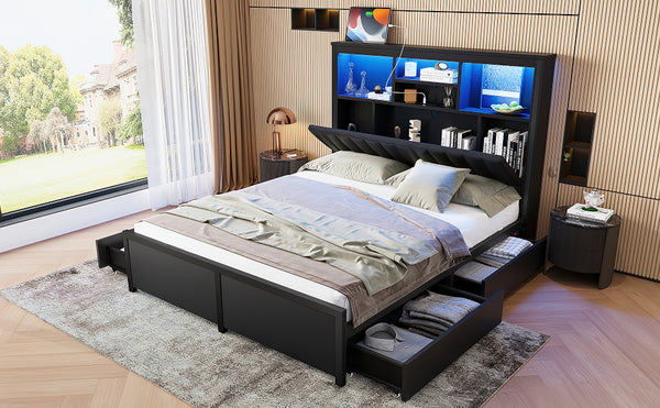 English Elm Queen Storage Bed Frame with Led Lighting Charging Station and Four Under Drawers W1670S00030