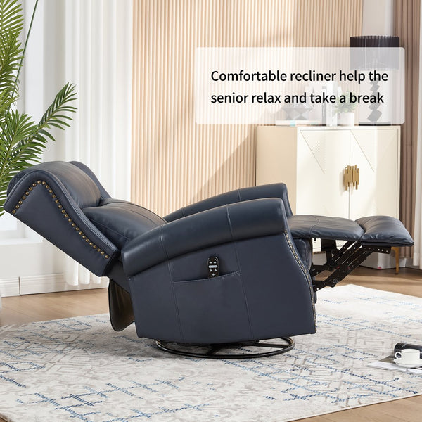 English Elm Heat Massage Rocker Swivel Recliner in Genuine Leather with Lumbar Relief for Living Room W3224S00012