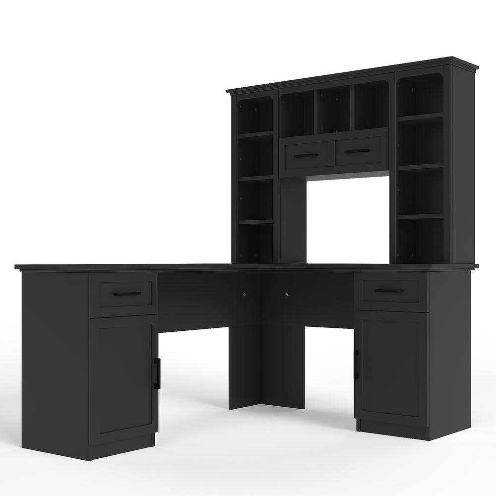 English Elm L-shaped Home Office Desk with Open Shelves Flip Shelf Cabinets and Drawer Storage Black W1580S00493