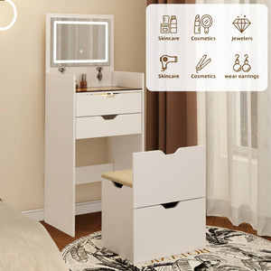 English Elm Dressing Table Set with Led Lit Flip Mirror Hidden Stool and Dual Drawers for Small Spaces W5252P447369