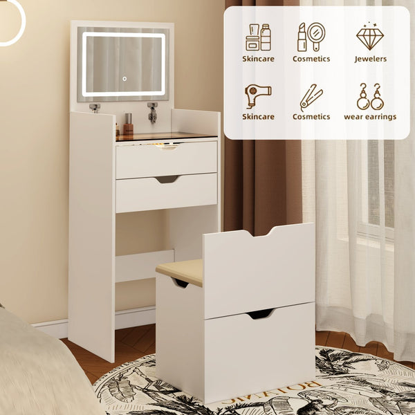 English Elm Dressing Table Set with Led Lit Flip Mirror Hidden Stool and Dual Drawers for Small Spaces W5252P447369