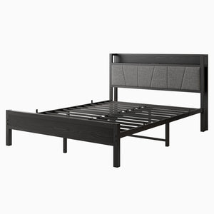 English Elm Queen Upholstered Storage Bed Frame with Charging Station, 11 Metal Slats, No Box Spring Needed W840P195212