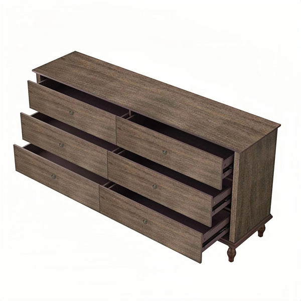 English Elm 6-drawer Wide Dresser Burnt Wood Grain Finish Copper Handles Roman Column Legs Bedroom Deep Rustic Brown W1445S00003