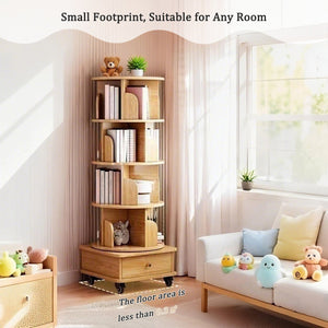 English Elm 5 Tier Rotating Bookshelf Tower with Curved Edges, 360° Smooth Spin, Stable Double-Layer Base, Space-Saving Storage Oak W3204P293695