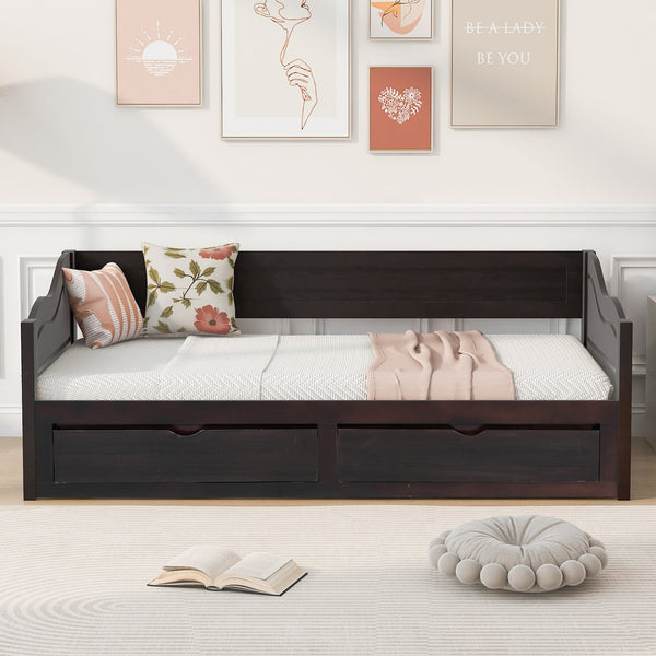 English Elm Wooden Twin Daybed with Pull Out Trundle and Dual Storage Drawers for Guest Rooms Espresso LP000519AAP-1