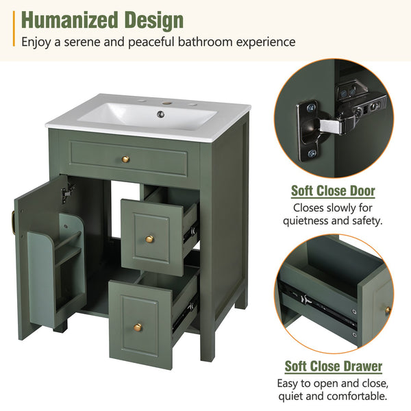 English Elm 24-Inch Bathroom Vanity with Ceramic Sink, Soft-Close Door & Drawers, Gold Handles, Durable Wood Elegance Green N729P192078F