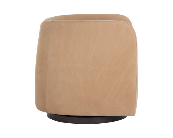 Sunpan Emilie Swivel Lounge Chair - Luxurious Nubuck Tan Leather With Elegant Brown Oak Wood Base Brown Leather 112030