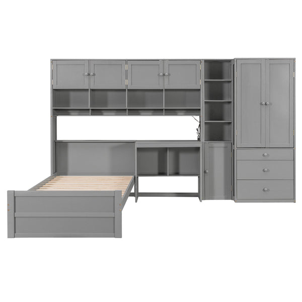English Elm Wooden Twin Loft Bed with Built-in Desk Wardrobe Storage Drawers and Led Lighting N820S00069E