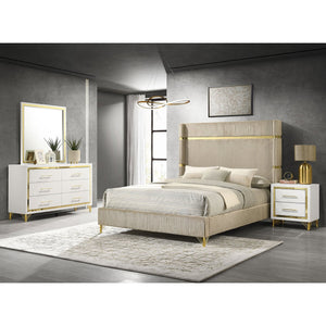 English Elm Malcolm Queen Bedroom Set Velvet Wingback Bed Chrome Accents Glam Suite Beige+White B062S01748