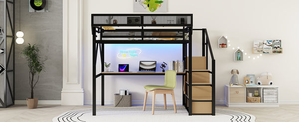 English Elm Full Loft Bed with Desk and Charging Station, Metal Loft with Stairs, Wardrobe, Shelves & Light Black W2580S00047