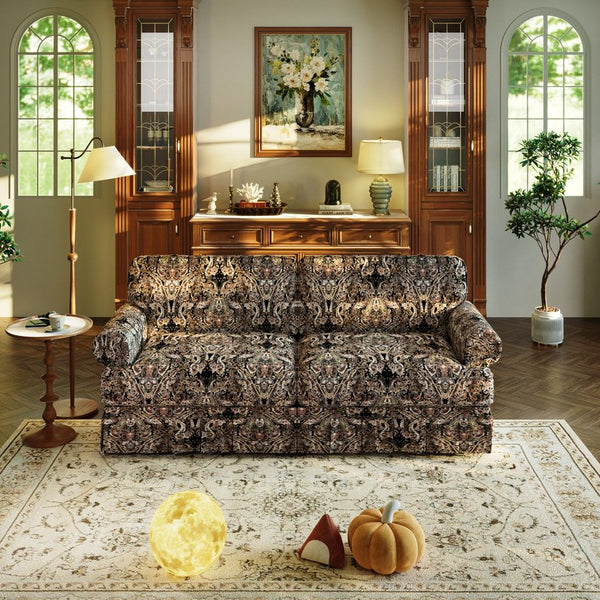 English Elm Luxuriously Deep Chenille Sofa with Pleated Skirt and Rolled Arms for Living Rooms Black Floral W1885S00296