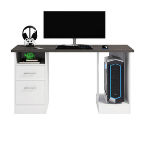 English Elm Gaming Desk White Finish with Dual Drawers & Adjustable Shelf for Cooling Airflow, Modern Durable Design B356P402674