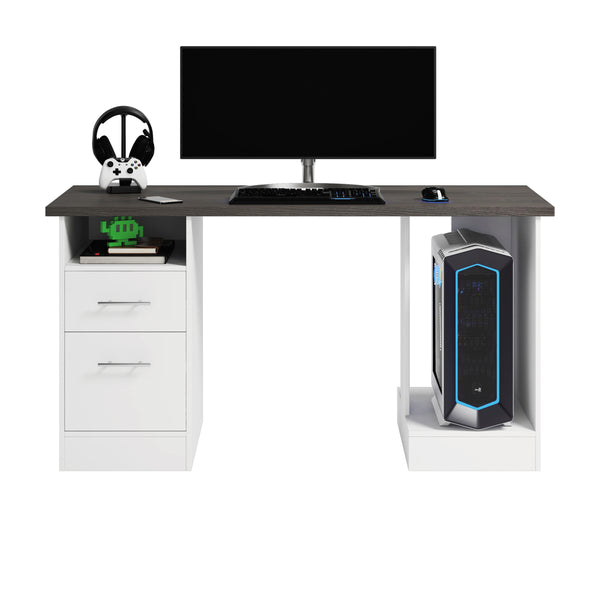 English Elm Gaming Desk White Finish with Dual Drawers & Adjustable Shelf for Cooling Airflow, Modern Durable Design B356P402674