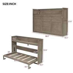 English Elm Twin XL Murphy Bed with Desk, LED Lighting and USB Charging Station — Space-Saving Solid Pine Design Gray Wash N7090005001N