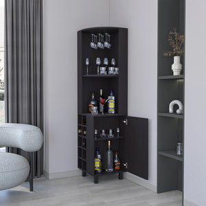 English Elm Wengue Tall Bar Cabinet with Built-In Wine Rack & Glass Holder, Elegant Wenge Finish, 4 Shelves for Stylish Storage B062S00605