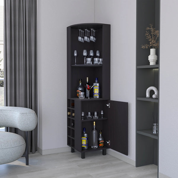 English Elm Wengue Tall Bar Cabinet with Built-In Wine Rack & Glass Holder, Elegant Wenge Finish, 4 Shelves for Stylish Storage B062S00605