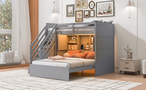 English Elm Twin Over Full Bunk Bed with Wardrobe Storage Stairs Shelves and Usb Charging Gray LT000292AAE