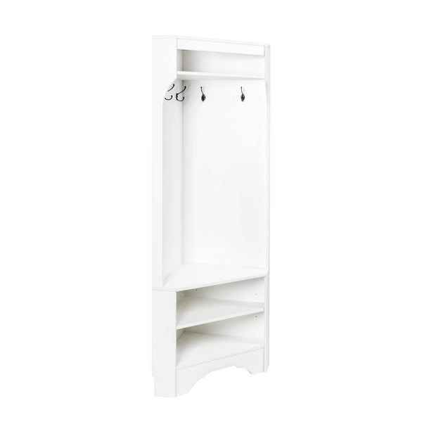 English Elm Minimalist White Corner Hall Tree with Bench Shoe Storage and Four Entryway Hooks N721P401788K