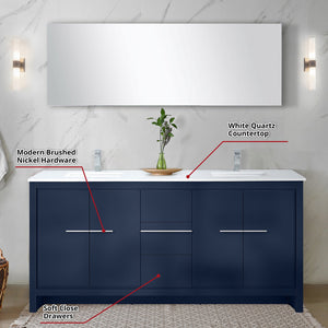 English Elm Navy Blue Double Bath Vanity Set With White Quartz Top, Chrome Faucet & 70-Inch Mirror For Elegance B2731S01741