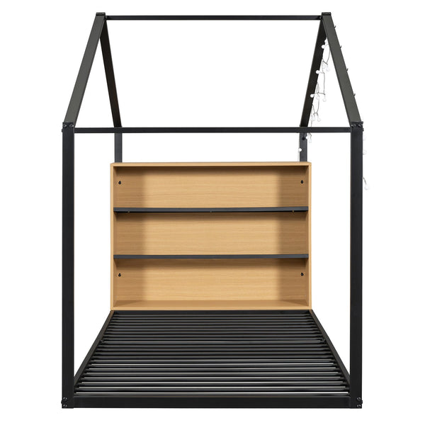 English Elm Twin House Bed Frame with Shelves & Built-In Lights, Metal-Wood Design for Creative Kids' Rooms Black N737P176708B