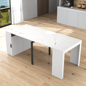 English Elm Modern Extendable Dining Table with Built-In Outlet, USB Ports & Storage, Space-Saving Console to 118" White W331S00193
